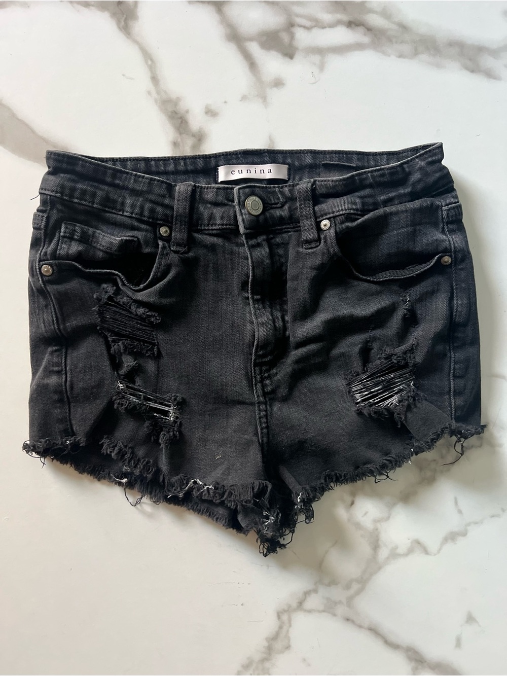 eunina Black Distressed Denim Cutoff Shorts